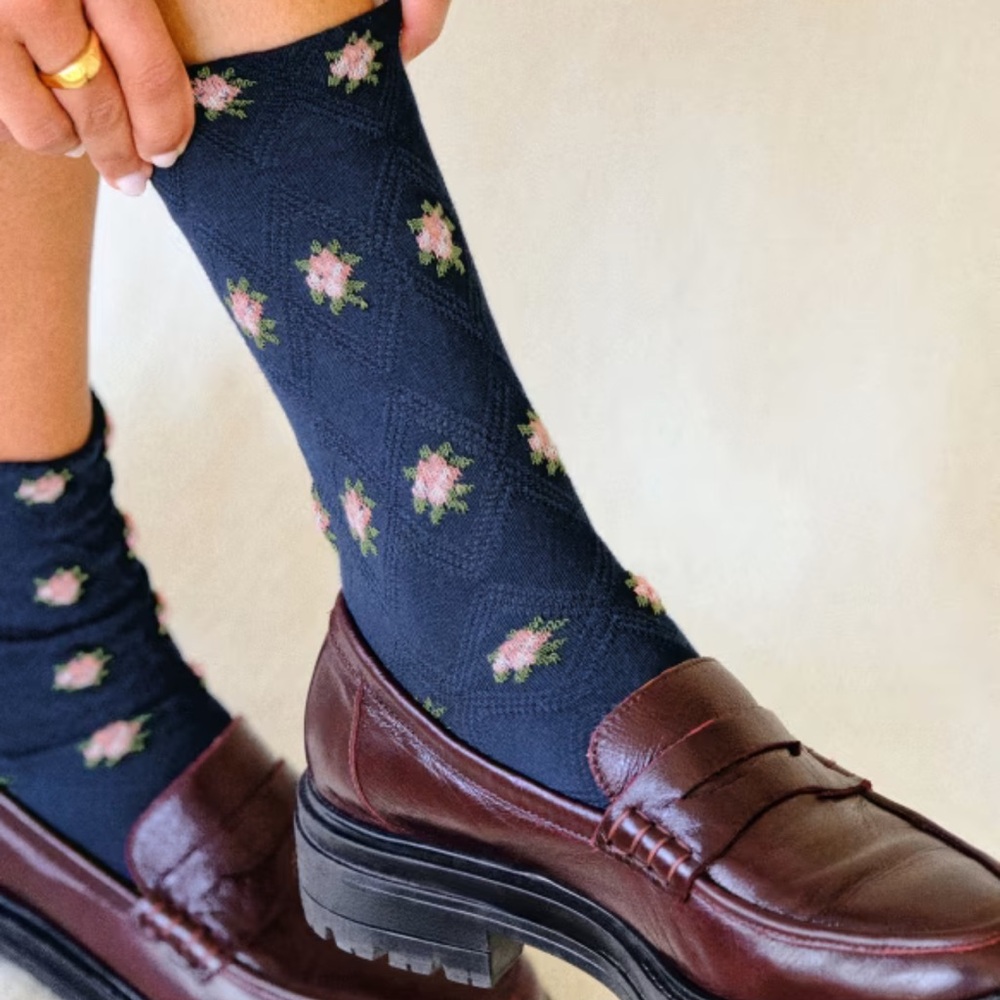 Sezane navy floral embroidered Julia socks